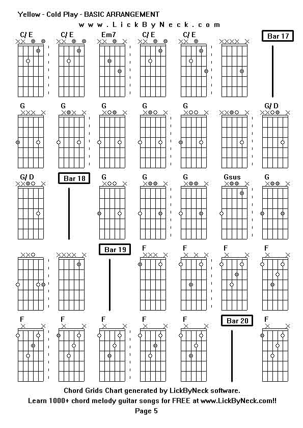 Chord Grids Chart of chord melody fingerstyle guitar song-Yellow - Cold Play - BASIC ARRANGEMENT,generated by LickByNeck software.